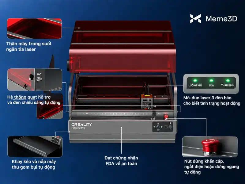 Review Creality Falcon2 Pro, máy khắc laser buồng kín 22W, 40W và 60W